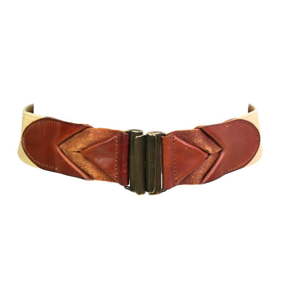 CORSET BROWN REAL LEATHER BEIGE ELASTIC 2"Wd WAIST DRESS WOMEN'S BELT Sz S (40M